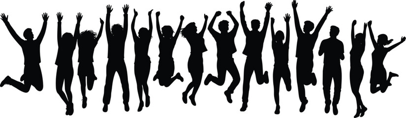 PrintGroup celebration silhouette, joyful people jumping, unity in motion, happiness expression, teamwork success, festive gathering, energetic crowd, community spirit, dynamic posture, excite