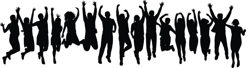 Fototapeta premium PrintGroup celebration silhouette, joyful people jumping, unity in motion, happiness expression, teamwork success, festive gathering, energetic crowd, community spirit, dynamic post