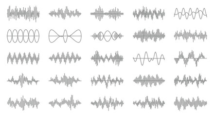 Obraz premium Collection of various sound wave and audio waveform patterns, representing music or voice technology, isolated white background.