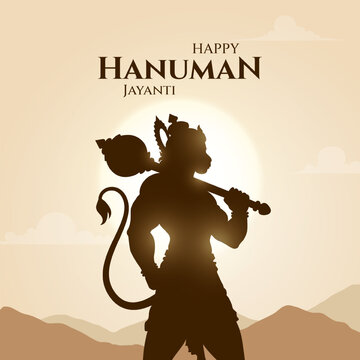 Happy Hanuman Jayanti Hindi Greeting, God Hanuman Background Design. A Hindu festival celebrated of lord hanuman birthday. Translation In English "Happy Hanuman Jayanti"