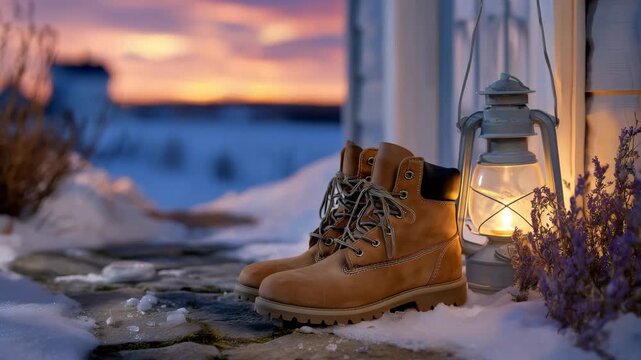 388Close-up of sturdy boots near a softly glowing lantern, snow lightly dusted around, warm sunset casting gentle orange hues across snowy path, tranquil winter scene