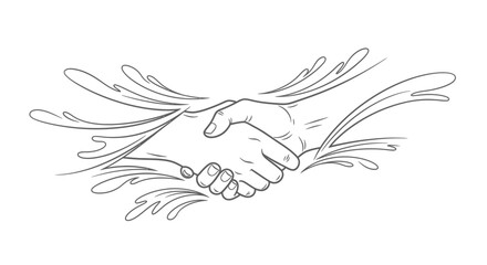 Dynamic line art illustration of two hands shaking, symbolizing agreement and partnership on an isolated white background.