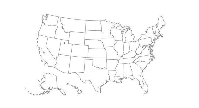 Detailed outline map of the United States of America with state borders, isolated white background.
