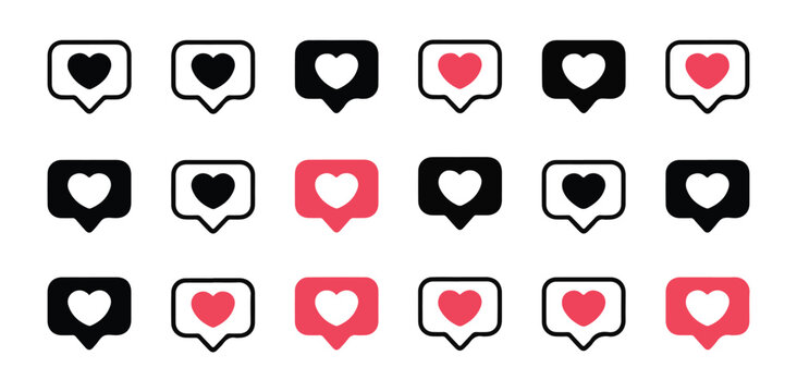 Social media notification icons set with heart shape inside speech bubble for likes and reactions