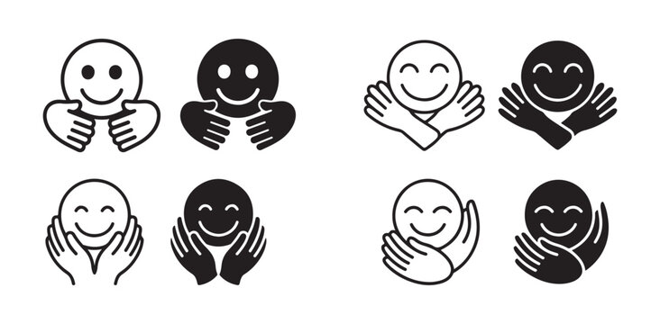 Hugging face emoji icons set showing hands holding smiley faces for support and self care concepts