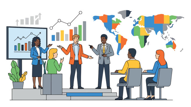 International Business Team Meeting with Data Charts and World Map &ndash; Global Strategy Presentation Illustration