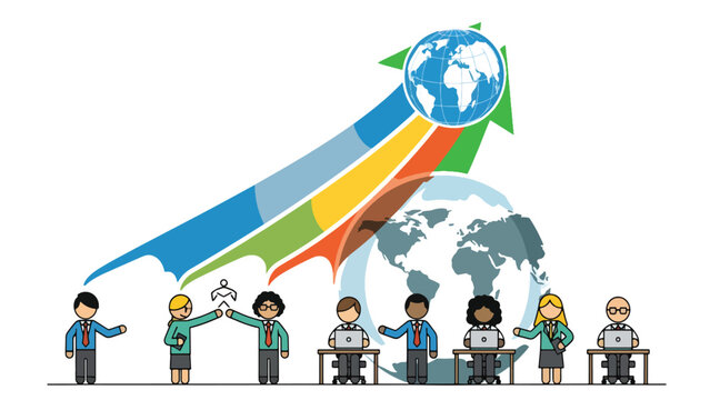 Students Learning with Global Education Growth Arrow &ndash; International Success and Knowledge Concept Illustration