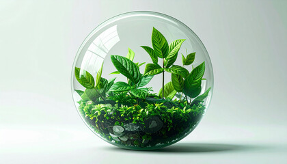 Small seedling preserved in a clear crystal ball symbolizing future of nature