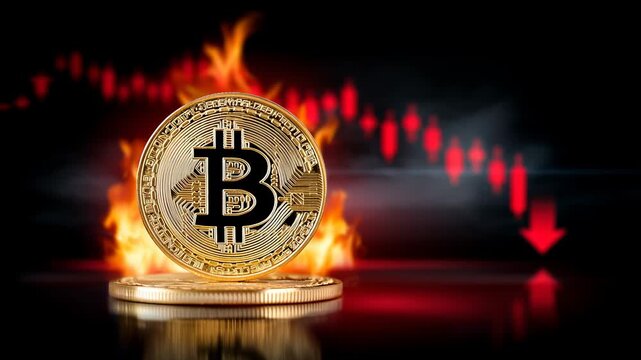 Golden Bitcoin coin positioned in front of flames with a downward trend graph in the background, illustrating cryptocurrency volatility and market fluctuations in a dramatic visual setting