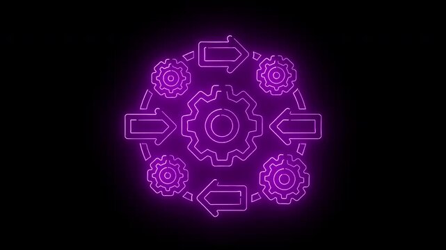 Neon purple illustration of interconnected gears and arrows on a black background with a futuristic and technological mood.