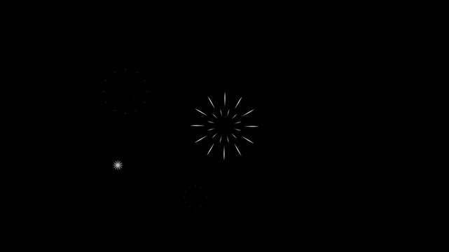 Firework display bursting, circle transitions in shiny, blast on black screen loop animation, accent highlights night sky pop-up animation, effects line shiny blast, 4K flat cartoon vector animation