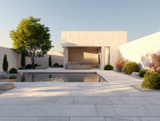 Fototapeta premium A white house with a pool and a patio