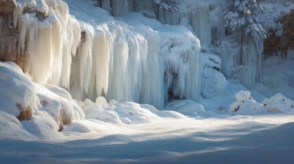 Beautiful winter scene of a frozen waterfall. the waterfall is cascading down a rocky cliff, covered in a thick layer of snow and ice.