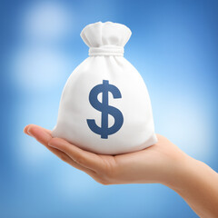 a hand holding a white money bag with a blue dollar sign on it