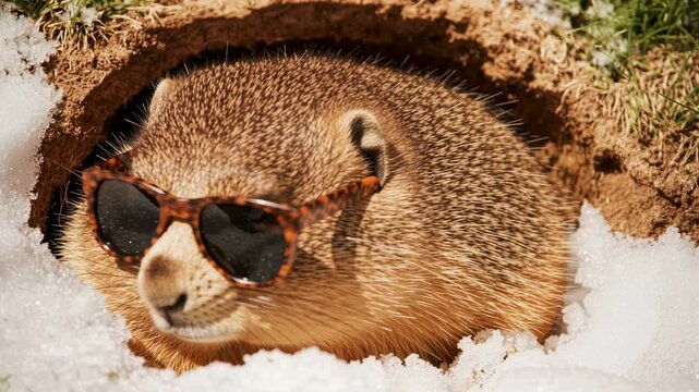 Groundhog wearing stylish sunglasses peeks out from burrow surrounded by melting snow and grass, showcasing a playful and curious expression in a natural outdoor setting
