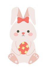 Obraz premium Cute easter bunny holding an egg. Flat vector illustration for spring design, nursery print, greeting card, sticker, baby decor and holiday branding.