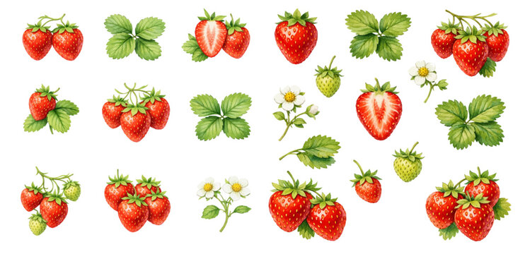 A charming watercolor collection of strawberry clipart, including ripe berries, halved strawberries, green leaves, white blossoms, and unripe fruit.