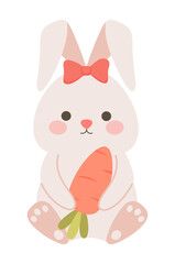 Obraz premium Cute easter bunny holding carrot. Minimal flat pastel vector illustration for spring design, nursery print, greeting card, sticker, baby decor and holiday branding.