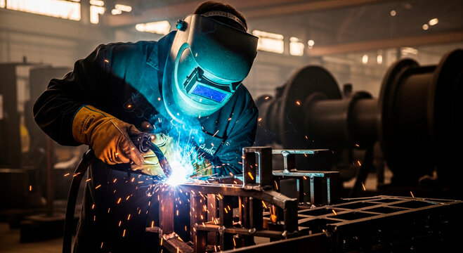 Professional welder in protective gear performing precision arc welding on metal parts in industrial workshop with bright blue sparks