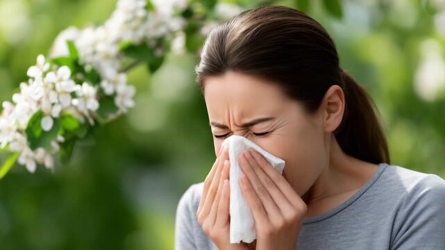 Person sneezing into tissue amidst blooming flowers and green leaves, symbolizing allergy season, with ample copy space for text or design elements, side-close-up highlighting faci
