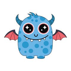 Naklejka premium Cute Blue Spotted Alien Monster with Horns and Pink Wings Vector Character for Kids Illustration