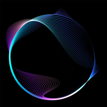 Abstract vector round shape of wavy lines flowing smooth curve colorful spectrum light on black background in concept of technology, science, music, modern.