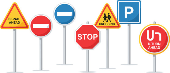 Traffic Road Signs Collection with Stop, No Entry, Parking and Warning Symbols Vector Set © Md