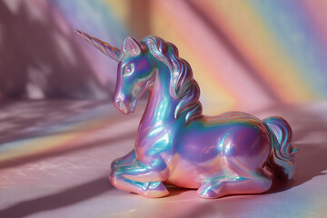 Unicorn, figurine and colorful with rainbow, sparkle and shine on surface. Fantasy, magic and whimsical decor for home or office with playful design.