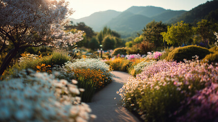 Garden, flowers and path with colorful blooms, nature and landscape in spring. Scenic view, vibrant colors and tranquility in outdoor setting.