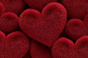 Hearts, red and fluffy, arranged together for decoration, love and affection. Soft, romantic and vibrant shapes for celebration, gift and emotion in design.