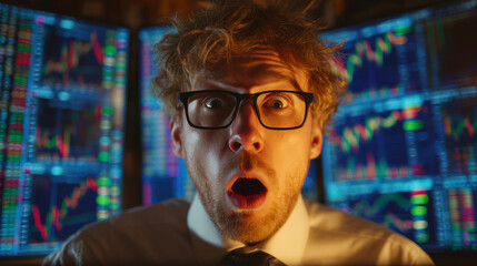 Businessman, shock and surprise with expression in office for financial market, trading and stock exchange. Man, technology and data analysis with screens for investment.