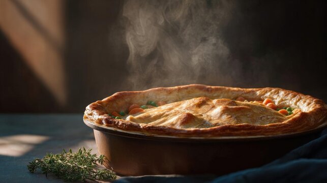 Freshly baked chicken pot pie in a copper pie dish. the pie has a golden brown crust and is filled with chunks of chicken, peas, and carrots.