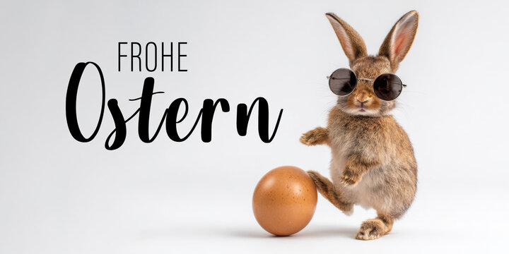 Frohe Ostern Konzept, Ferien Feiertag Gru&szlig;karte, Karte mit deutschem Text - Lustiger Osterhase Feldhase Hase mit Sonnenbrille und Ei, Osterei, isoliert auf weissem Hintergrund