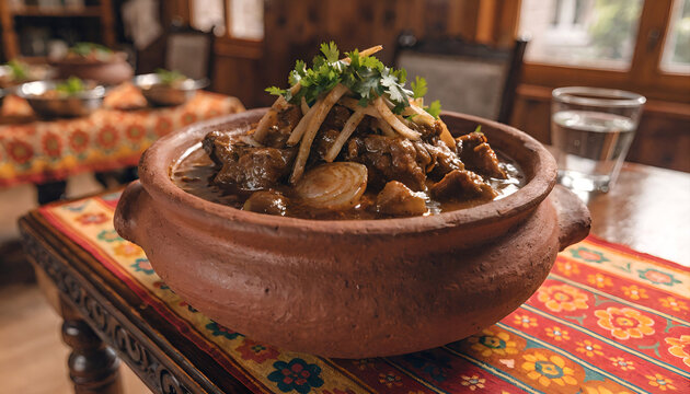Traditional Pakistani Kunna Mutton Curry in Earthen Clay Pot on Cozy Indoor Table