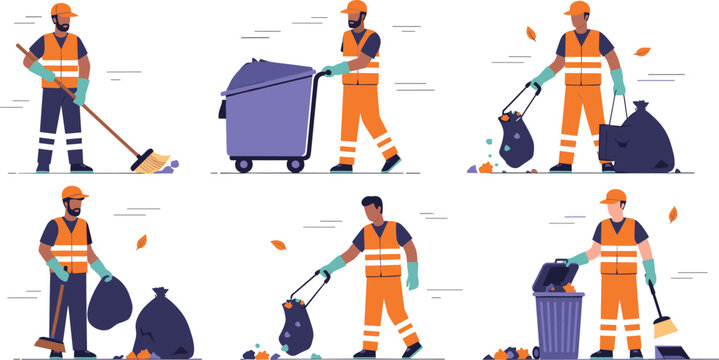 Sanitation Workers Cleaning Street and Collecting Garbage with Bins and Tools Vector Illustration Set
