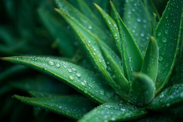 Aloe, plant and green leaves with water droplets, freshness and nature in garden. Closeup, succulent and botanical beauty for home decor and wellness.