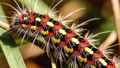 Obraz premium Close-up of a colorful caterpillar with black, yellow, red, and white markings covered in long spines crawling on green grass du daylight