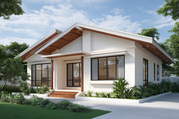 House, exterior and modern design with garden, greenery and windows for residential living. Architecture, home and landscaping with natural light and space.