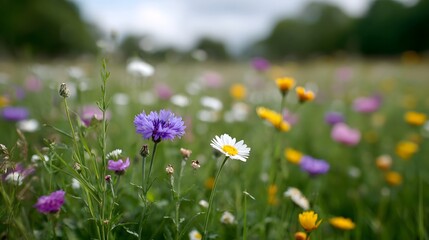 Obraz premium A close up view of a vibrant meadow filled with colorful wildflowers set against a soft blurred background