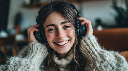 Woman, smiling and wearing headphones at home for music, relaxation and enjoyment. Cozy, sweater and happy expression with indoor atmosphere for leisure time.