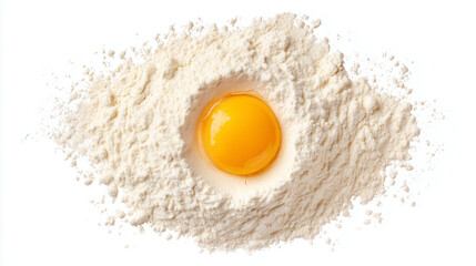 Egg, yolk and flour on white background for baking, cooking and preparation. Ingredients, culinary and food for recipes, pastry and homemade dishes.