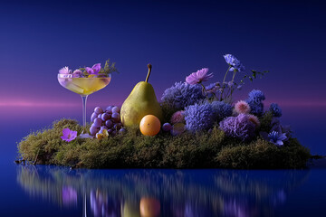 Cocktail, glass and fruits with flowers on moss for decoration, celebration and refreshment. Colorful, vibrant and artistic arrangement for event.