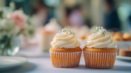 Cupcakes, dessert and frosting on table for celebration, party and event. Sweet, baked goods and decoration with flowers for festive occasion, catering and enjoyment.