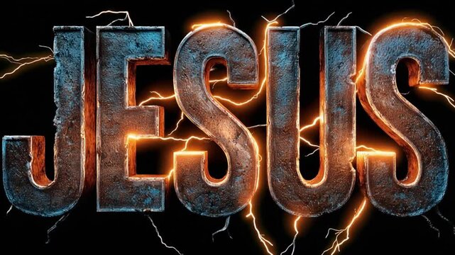 The text "Jesus" in the style of rust on metal against a background of dark sky and lightning.