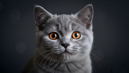 Fototapeta premium Close up portrait of a gray british shorthair cat with striking orange eyes on dark background
