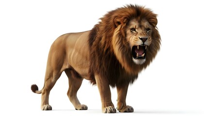 Obraz premium Majestic male lion with shaggy mane roaring loudly on white background fierce expression and powerful stance