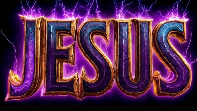 Purple and blue comic strip Text "Jesus" on a background of dark sky and lightning. A Christian modern concept.
