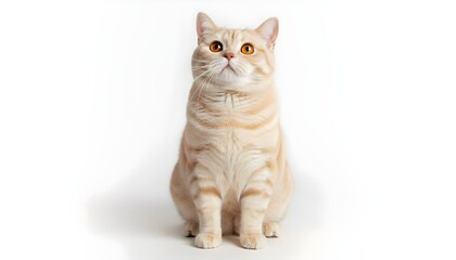Obraz premium Cute orange tabby cat sitting upright looking forward with bright eyes on white background