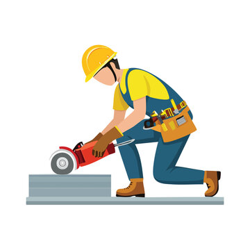 Construction worker using a grinder on metal material