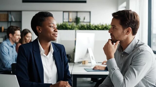 Professional business colleagues engaged in a serious and productive conversation during a meeting within a modern, collaborative open office environment discussing strategy and teamwork.
